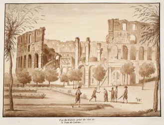 Ansicht des Kolosseums von der Seite von St. Johannes im Lateran, 1833 (Radierung mit brauner Waschung)